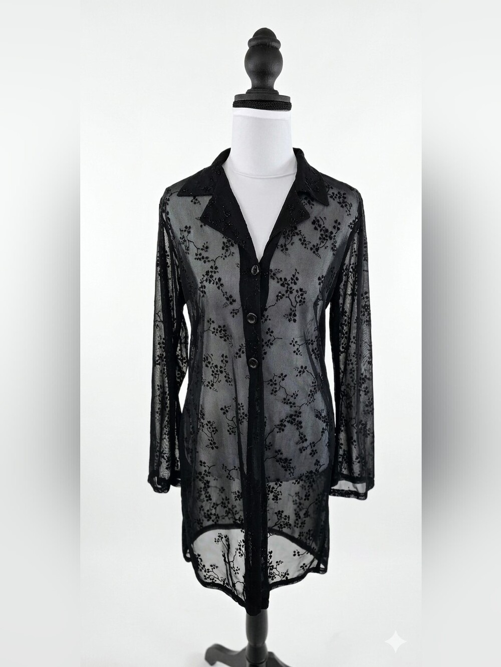 VTG 90s Whimsigoth Black Sheer Micro Mesh Tunic Duster Glitter Shimmer Dress